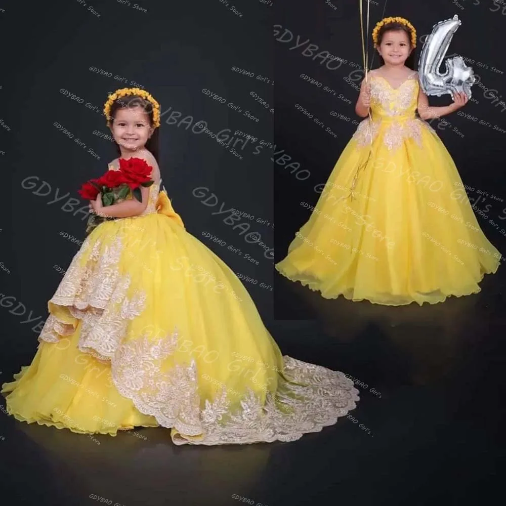 

Kids Yellow Birthday Dress With Train Sheer Neck Flower Girl Dress for Wedding Applique Tulle Princess Pageant Gown Custom Made