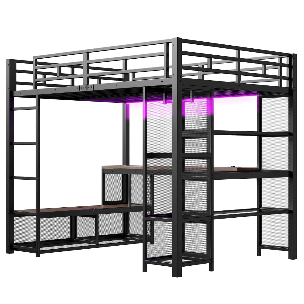 140 x 200 cm großes Hochbett aus Metall mit Stauraum und offenem Kleiderschrank, Kinderzimmerbett mit USB-Anschluss und LED-Beleuchtung, Schwarz/Weiß – Detail 17