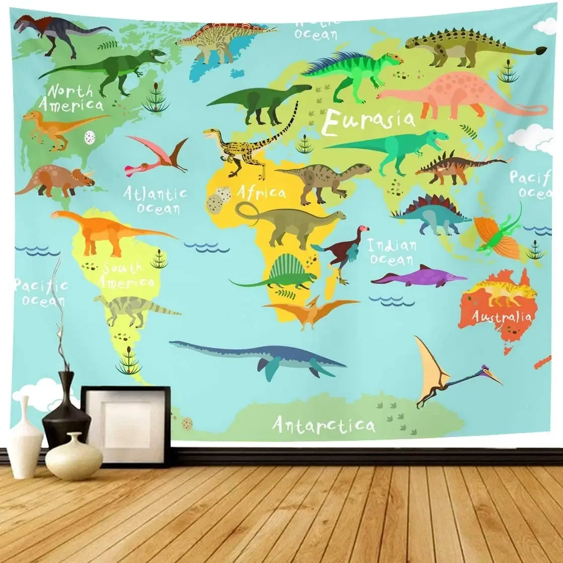 Dinosaur Map Tapestry for Kids Animal Landmarks World Map Wall Hanging