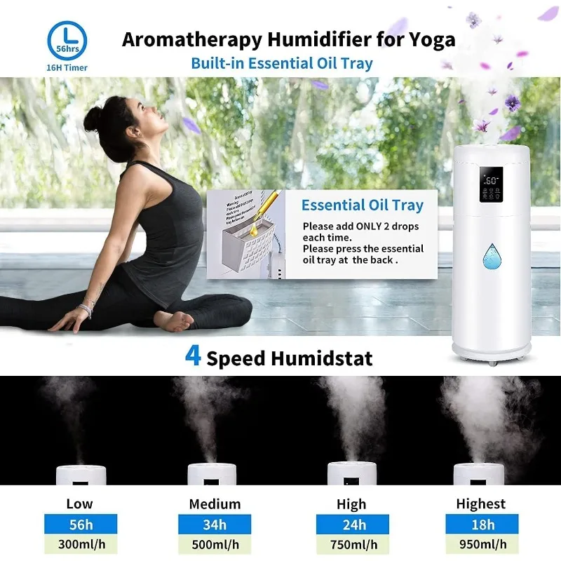 Humidifier untuk kamar tidur besar, rumah, kamar tidur 2000 sq.ft.17L/4.5Gal pelembab udara besar dengan tabung ekstensi & 4 kabut kecepatan dengan nozel 360 °