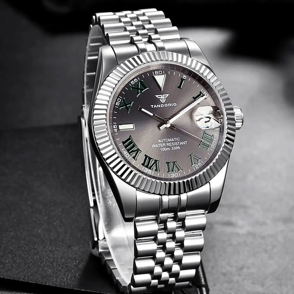 

Tandorio 200M Diving 36mm 39mm Sunburst Grey Dial Green Roman Number NH35 Automatic Men Watch Steel Strap Sapphire Slide Buckle