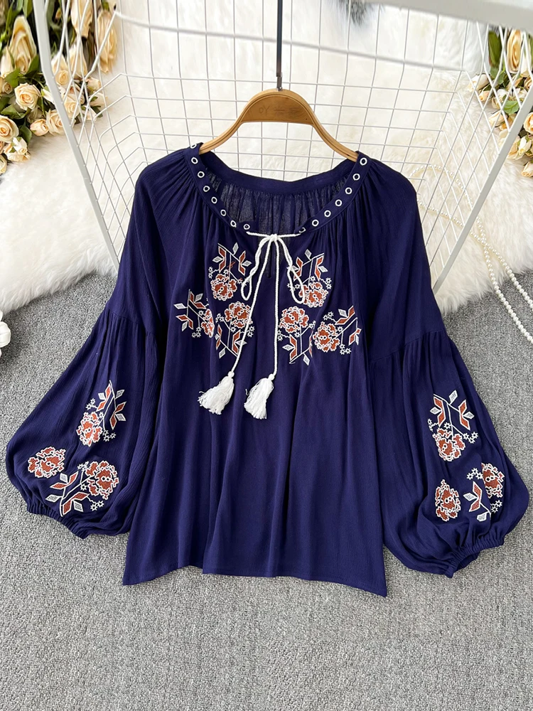 Women's Retro Blouse National Style Embroidered Lace-Up Tassel V-Neck Lantern Sleeve Tops Loose All-Match Female Blusa G05