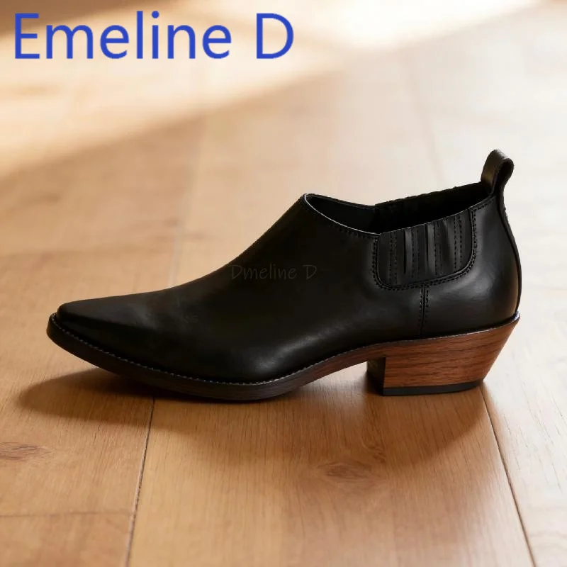 

Thick Heeled Pointed Leather Shoes Black Cuffs Simple Men's Shoes Personalized and Trendy Height Increasing Chelsea Shoes