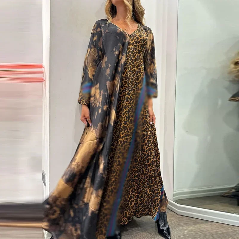 

Spring Fashion V Neck Large Swing Pullover Long Dress Female Casual Long-Sleeve Maxi Dress Women Fall Vintage Leopard Loose Robe