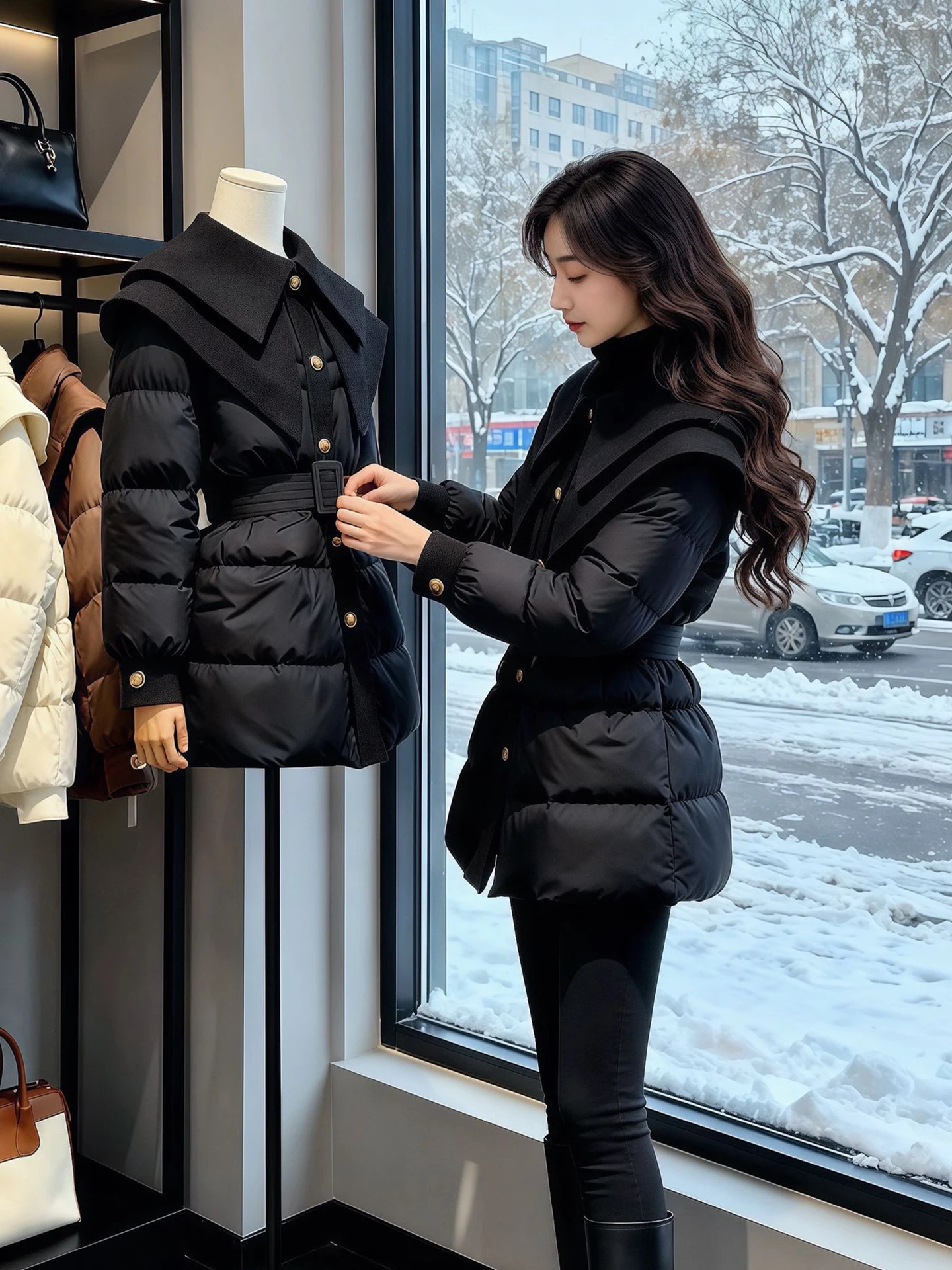 

Ele Bla Cotton Jaet Doll Collar Women's plus Size Waist-Cinching Faionable High-End Feelings Mid-Length Coat