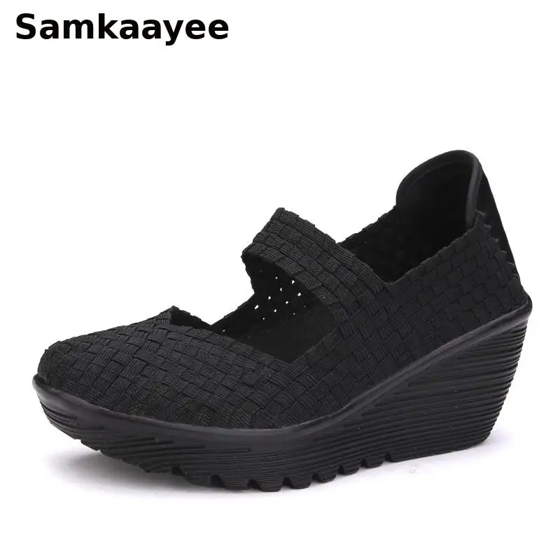 

35-41 Women Vulcanized Shoes Spring Autumn Weave Sneakers Wedges Mesh Breathable Zapatos Female Thick-Soled Platform Footwear y5