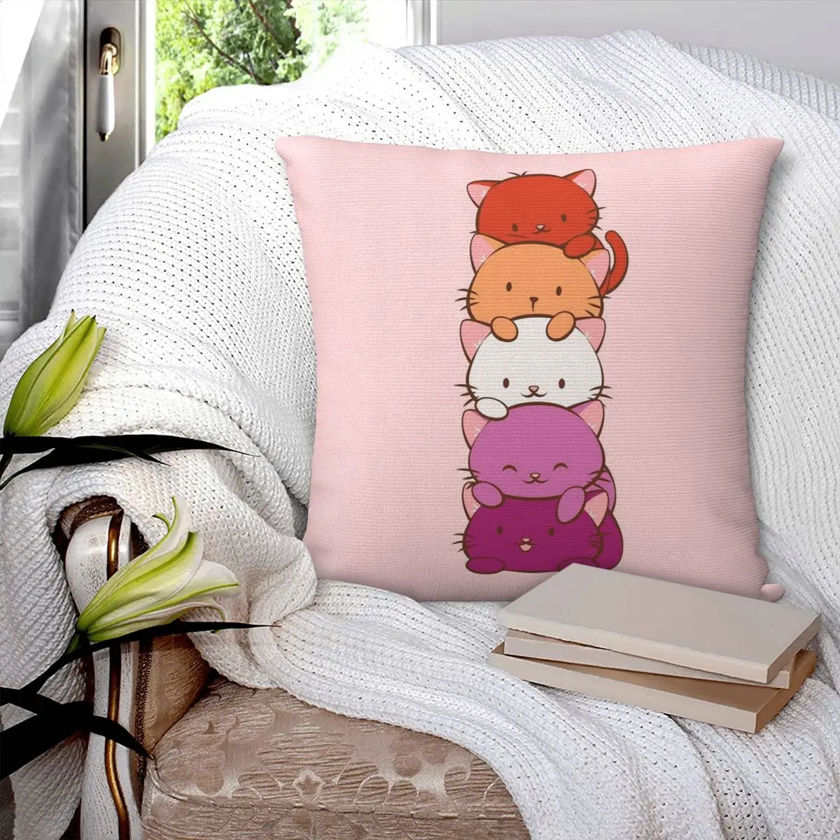 New Orange Lesbian Pride Flag Kawaii Cats Square Pillowcase Pillow Cover Cushion Decorative Comfort Throw Pillow for Home Sofa