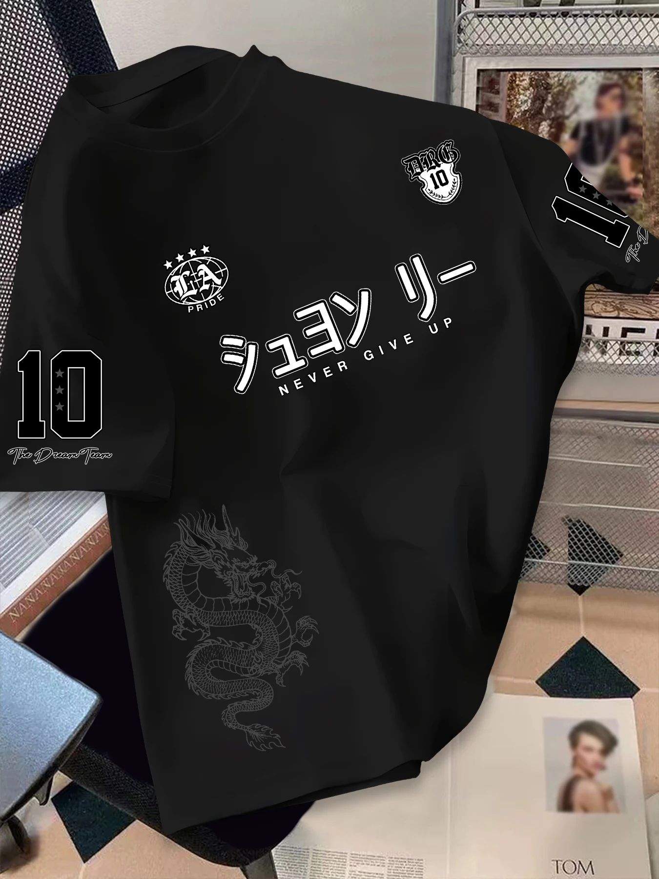 Men Oversized Streetwear T-Shirt Dragon Graphic Japanese Text 10 Print Drop Shoulder Casual Short Sleeve Tee