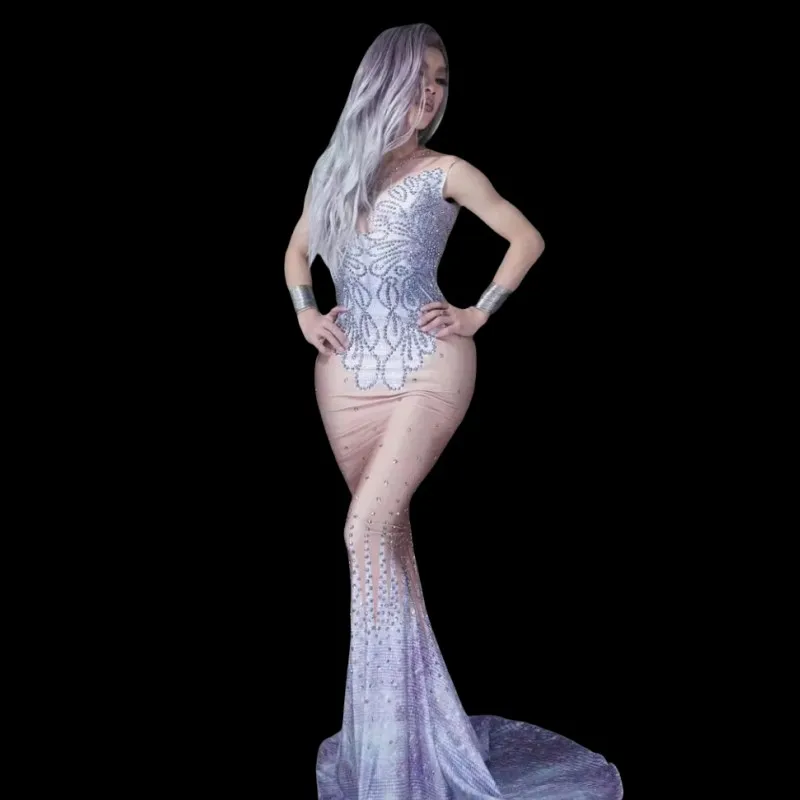 

Элегантное облегающее платье макси со шлейфом для выпускного вечера, дня рождения, банкета, блестящие стразы, без рукавов, длиной до пола, модель певицы, сценический костюм