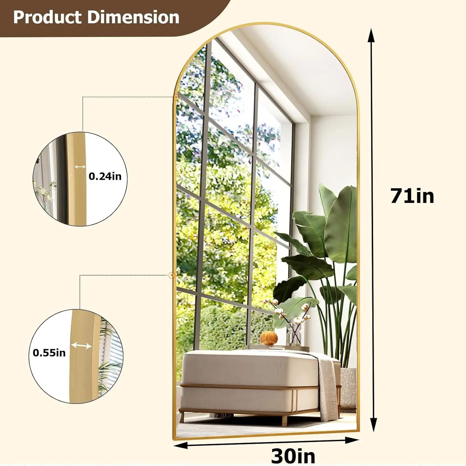 Full Body Arched Mirror 30x71 inch High Definition Nano Glass Bedroom Living Room Aluminum Frame Wall Mount Installation Strong