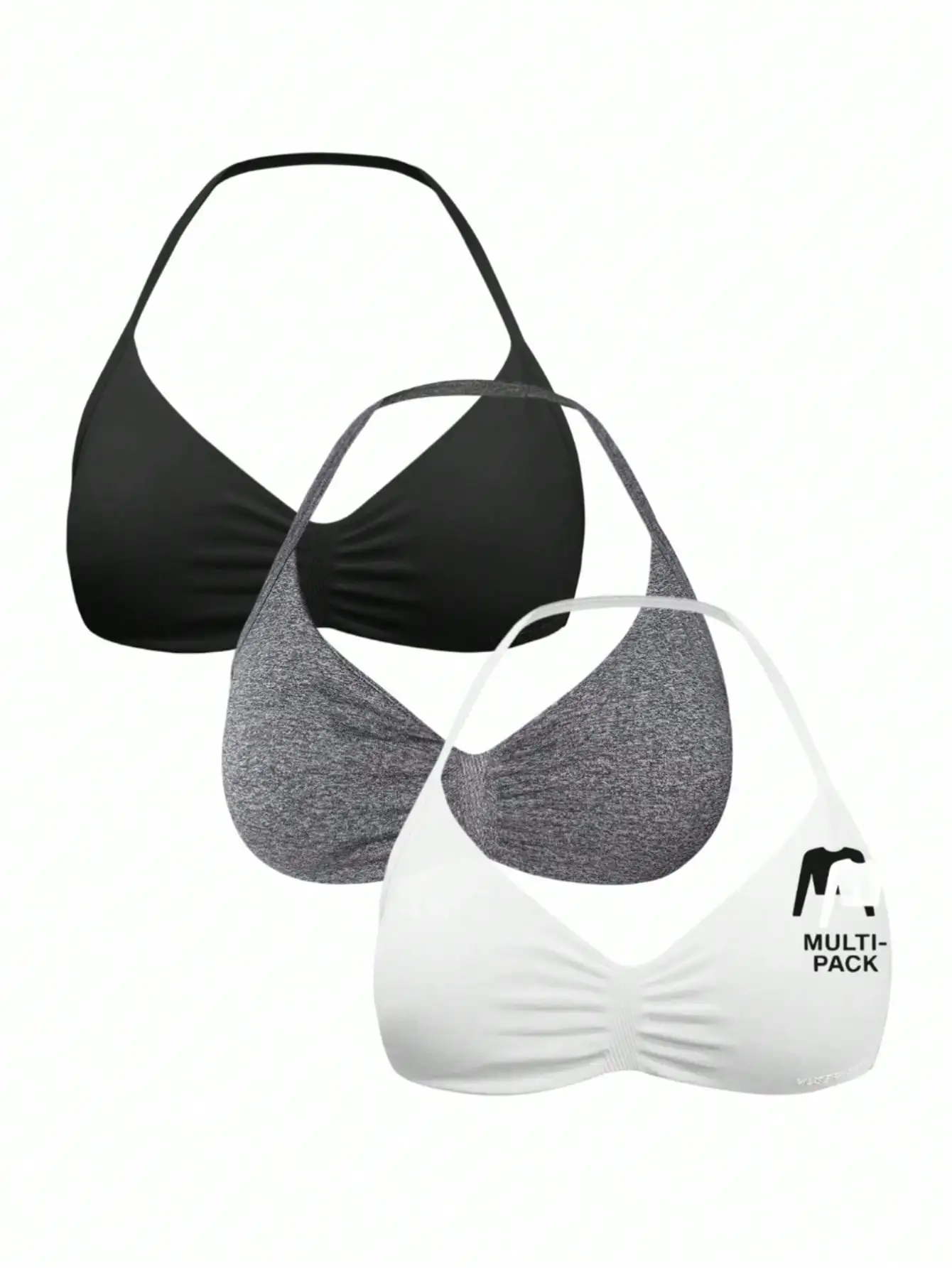 

3Pcs Mixed Color Ruched Halter Sports Bra Soft Stretch Comfort Vest Top For Gym Workout Daily Casual Active Wear