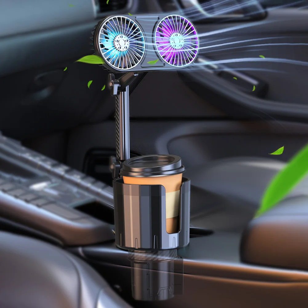 12V/24V 2 in 1 Portable Vehicle Cooling Fan with Light with Cup Holder Cooling Air Fan Adjustable Base for Car Vehicle SUV