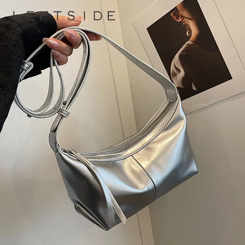

LEFTSIDE Silver PU Leather Shoulder Bag for Women 2025 Spring New Trend Y2K Handbags and Purses Females Simple Crossbody Bags