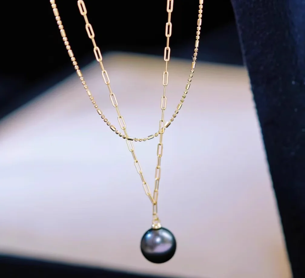 

Double layer chain pendant AAAA10-11mm natural Tahitian pearl pendant 925s-18inch