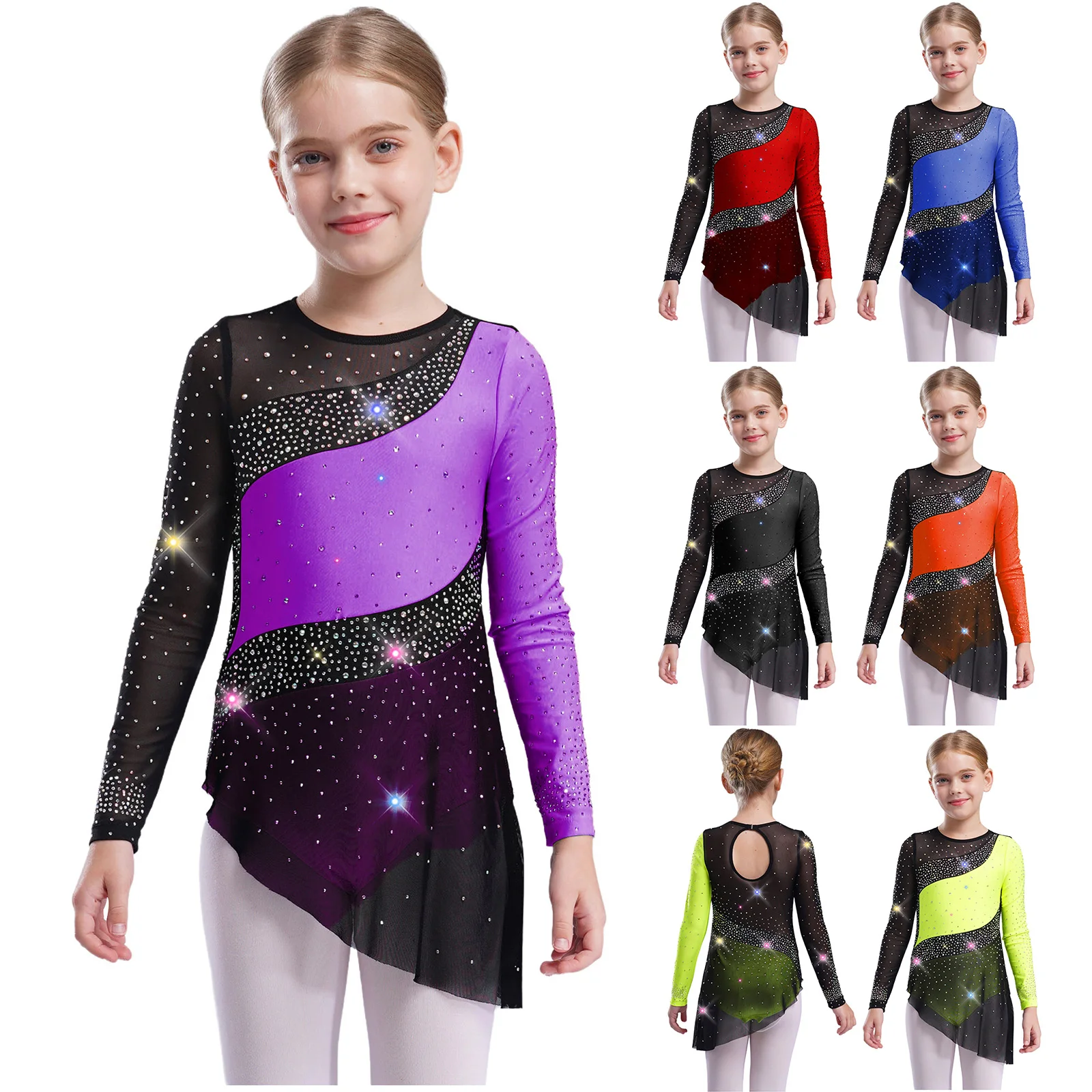Enfant fille patinage artistique acrobatie danse Tutu robe à manches longues strass maille couleur bloc justaucorps gymnastique rythmique Costume