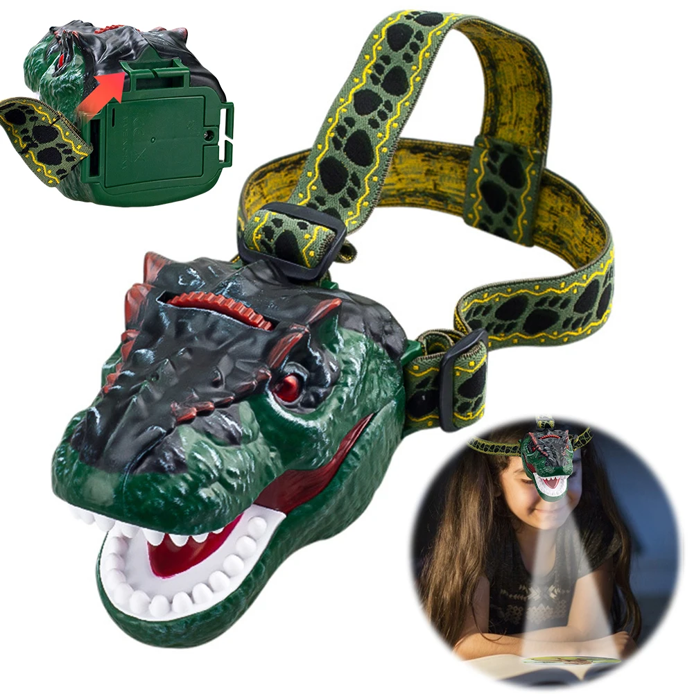 LED Dinosaur Kids Headlamp with Sound Novelty Simulation Dinosaur Headlamp 8 Patterns Camping Dinosaur Headlamp for Kids Ages 3+