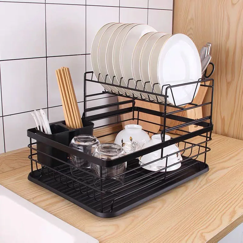 Household kitchen rack tableware storage draining bowl rack draining iron double-layer dish rack metal draining plate