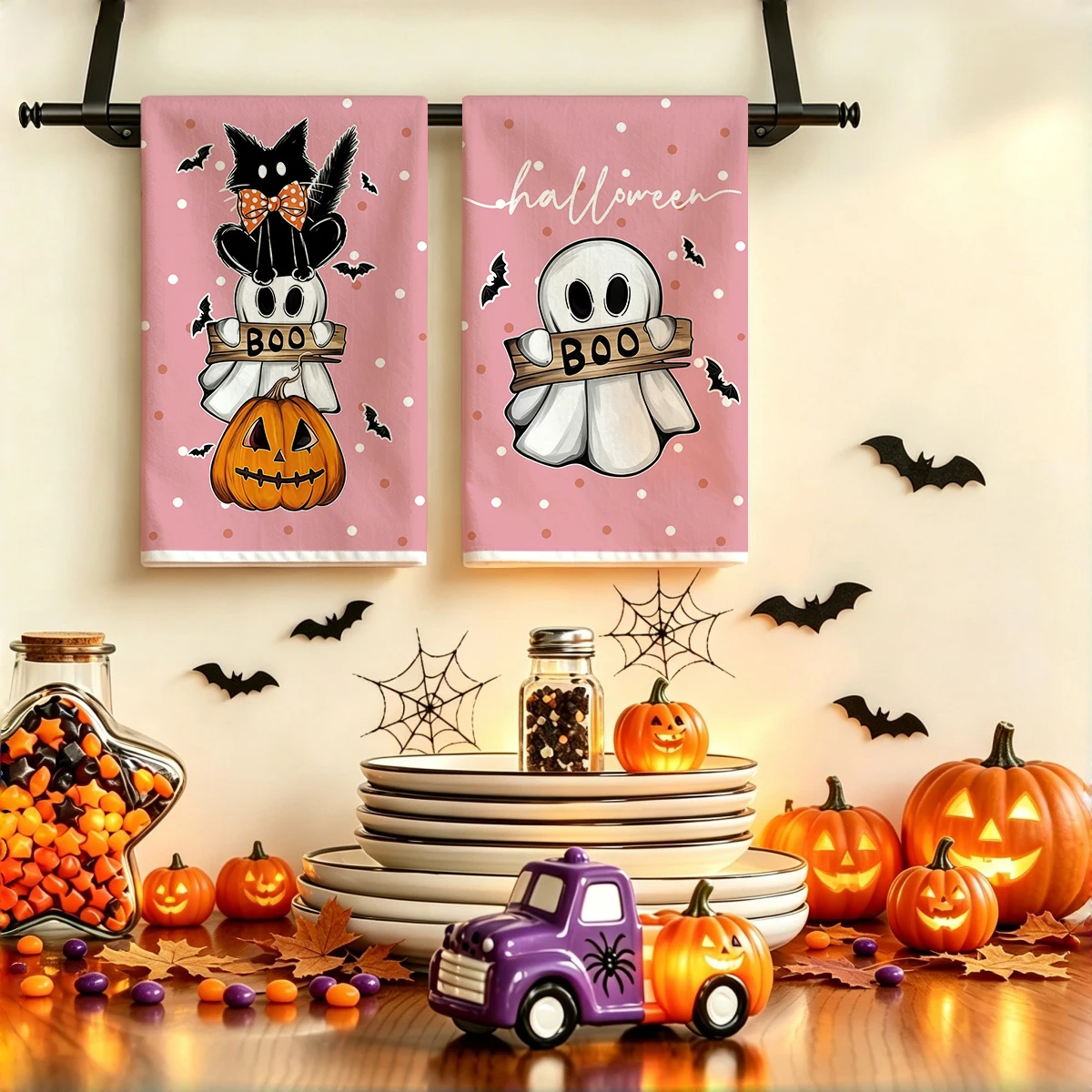 2pcs pink ghost, black cat, pumpkin, BOO patterned kitchen towels, Halloween decorative towel set, home party kitchen tea towels