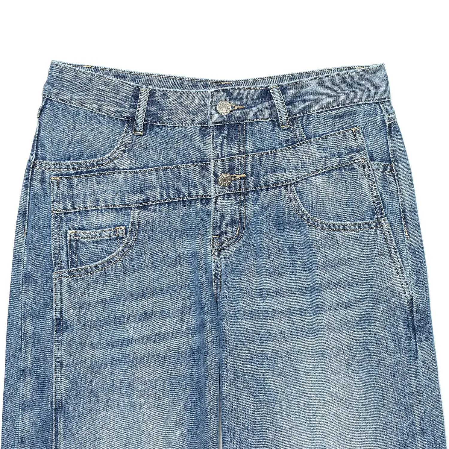 KASLEAD High Waist Wide Leg Double Layer Waist Denim Jeans for Women New Style 2026 Autumn Polyester Fiber Button Closure