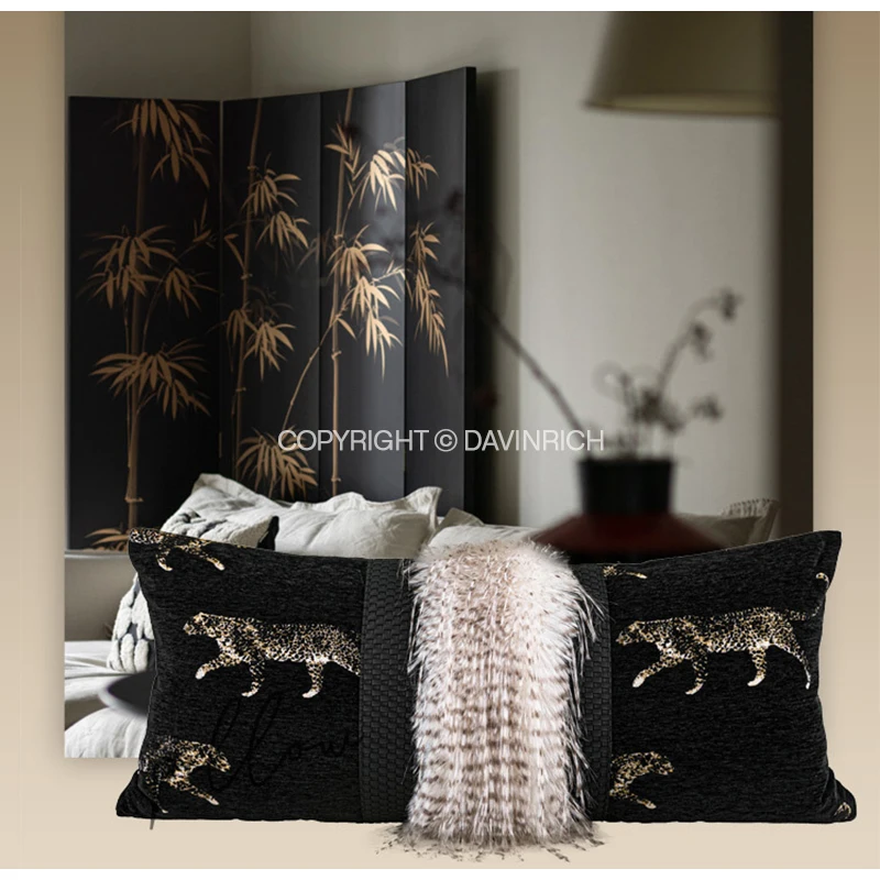 Gold Metallic Leopard Panthera Jacquard Lumbar Pillowcase Chenille Oblong Stunning Cushion Cover With Faux Fur Decor