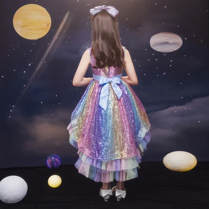 Summer Children\'s Princess Dress Colorful Sequin Tail Fluffy Mesh Dress Role Playing Princess Carnival Party Floral Dress 6-12T