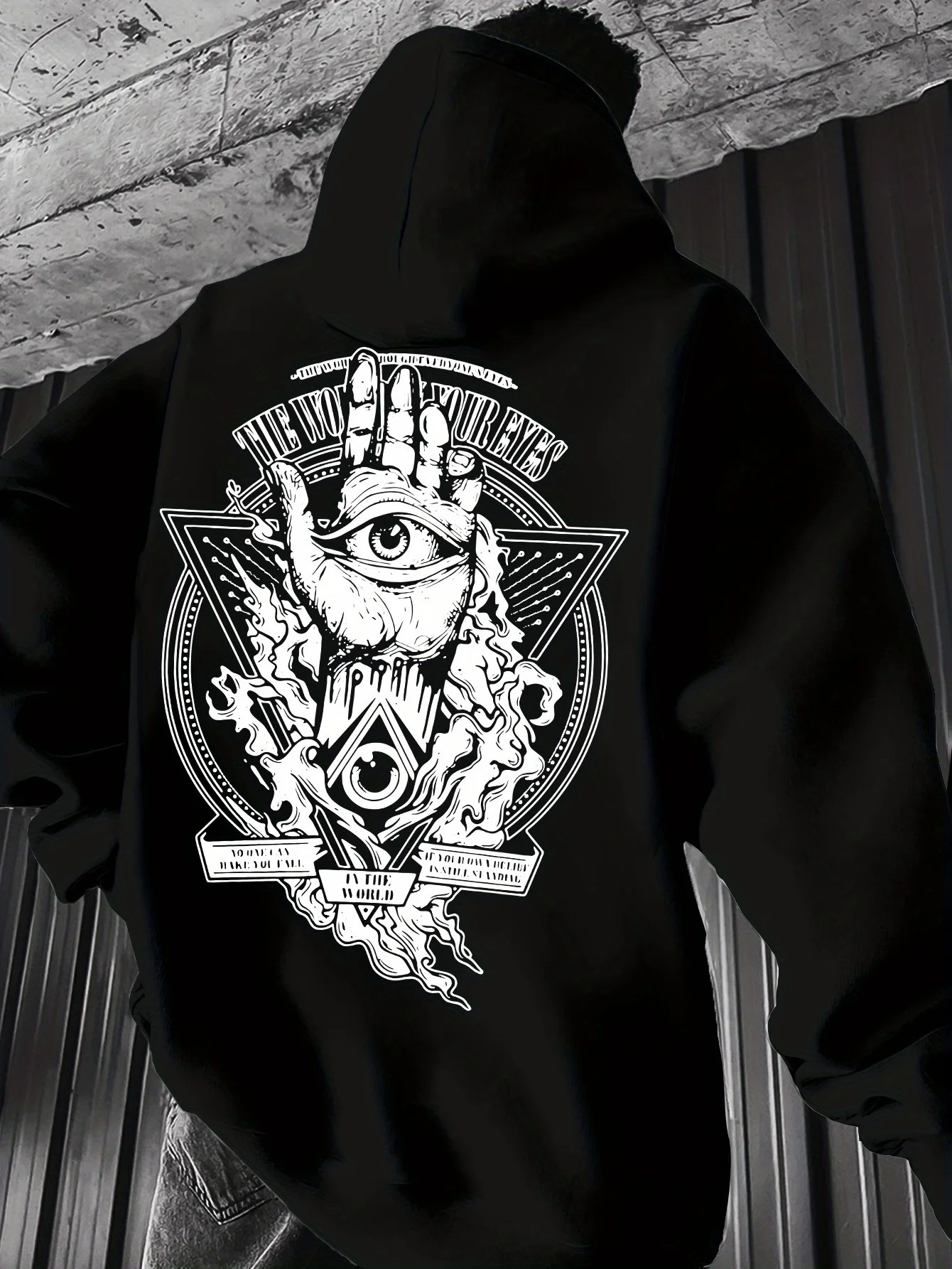 Black Oversized Hoodie Men's Women's All Seeing Eye Mystic Triangle Occult Print Dark Gothic Streetwear Long Sleeve Pullover Top