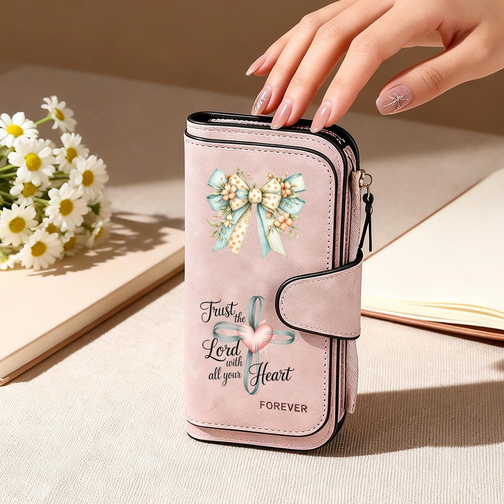 Cross Heart Faith Quote Floral Bow Print Design Women Wallets Card Coin Wallet for Girls Purse ID Wallets Female Coin Purse Gift