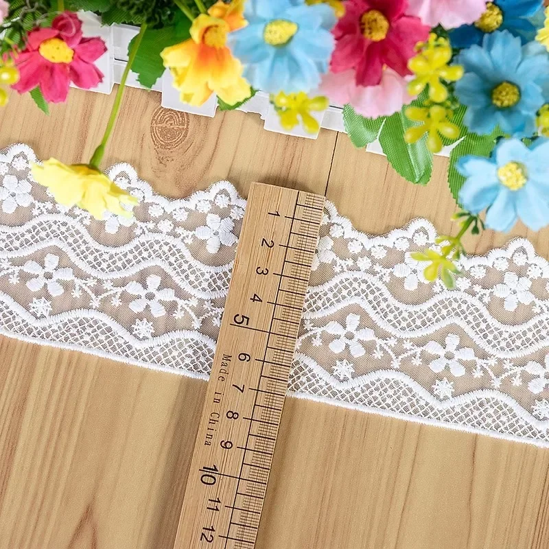 African lace fabric 2024 high quality 1yard white Mesh Embroidery Garment Accessorie Flowers Wavy Edges Mesh Home Textiles