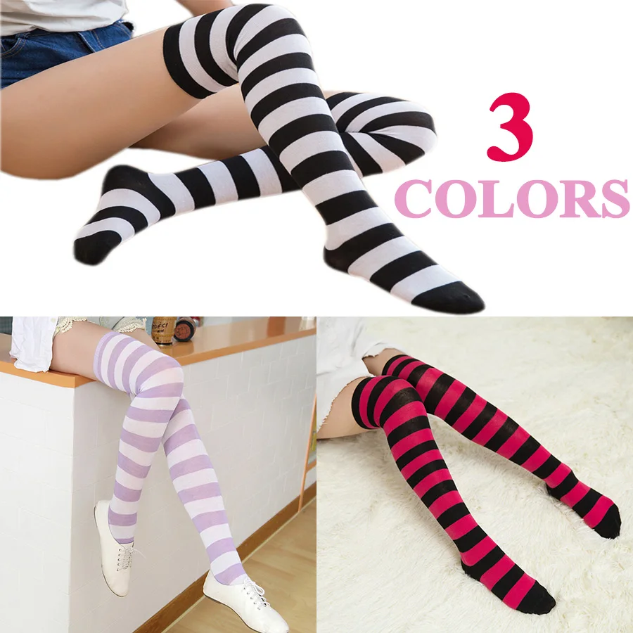 Stockings Women Socks Colorful Stripes Over Knee Cotton Sexy Slim Cosplay Show Ladies Girls Christmas Halloween Gift 1 Pairs New