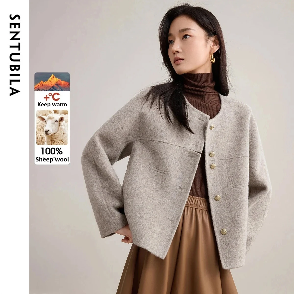 

SENTUBILA Elegant Pure Wool Jackets for Women 2025 Winter Warm O-neck Coats Single Breasted Short Women's Overcoat W54OF8764