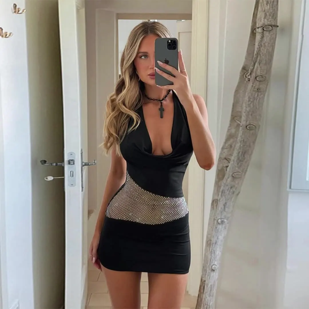 

High Quality Hot Selling Wholesale 2025 New Women Fashion Style Sexy Spicy Girl Slim Fit Shiny Mesh Splicing Neck Hanging Dress