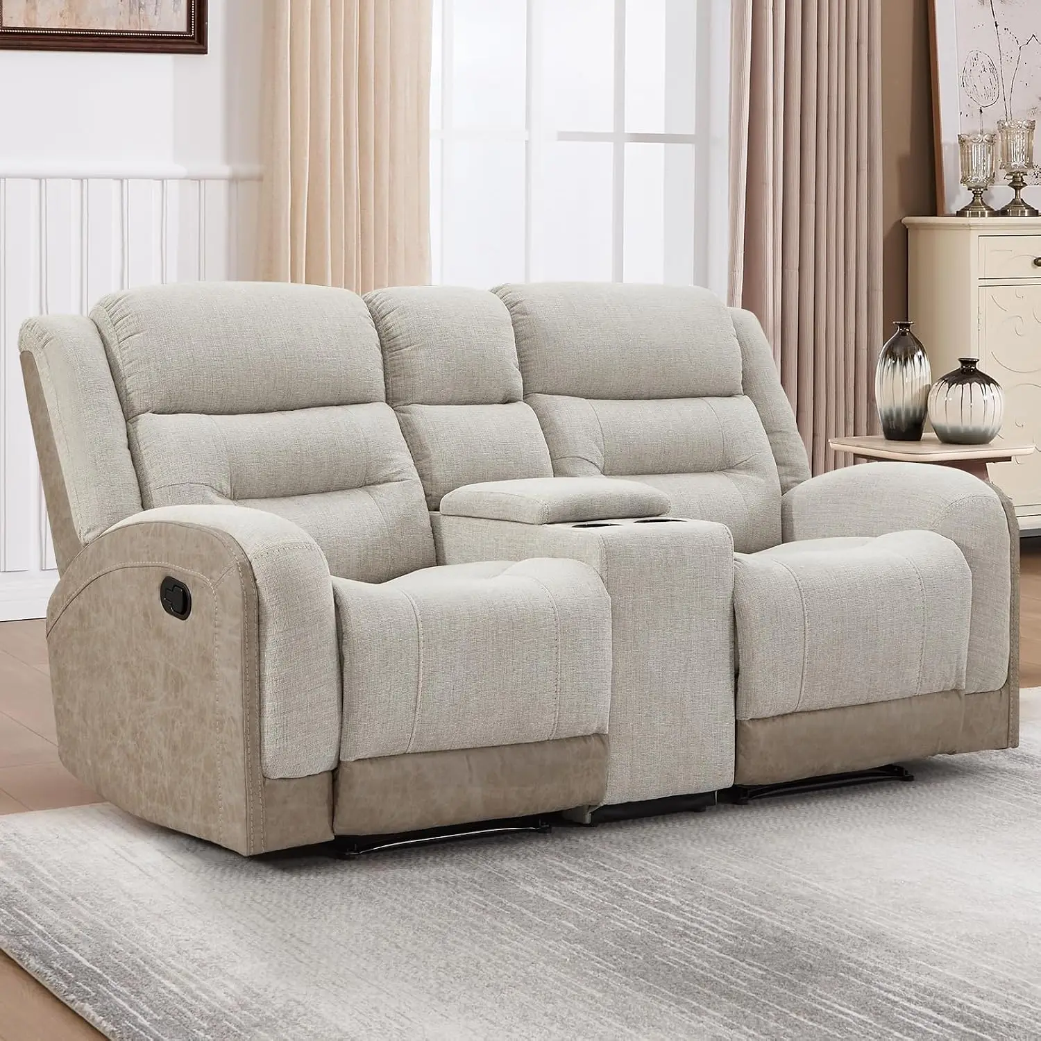 Manual Reclining Loveseat, Soft Fabric Double Overstuffed Recliner Sofa with Center Console, Hidden Storage and Cup, Customized