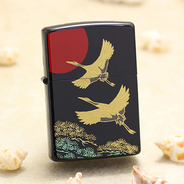 Genuine Zippo red-crowned crane oil lighter copper windproof cigarette Kerosene lighters Gift with anti-counterfeiting code