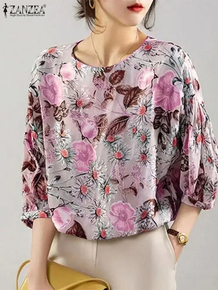 ZANZEA-Blusa floral estampada com o pescoço para mulheres, manga lanterna feminina, túnica elegante, camisa casual, diária, verão, 2022