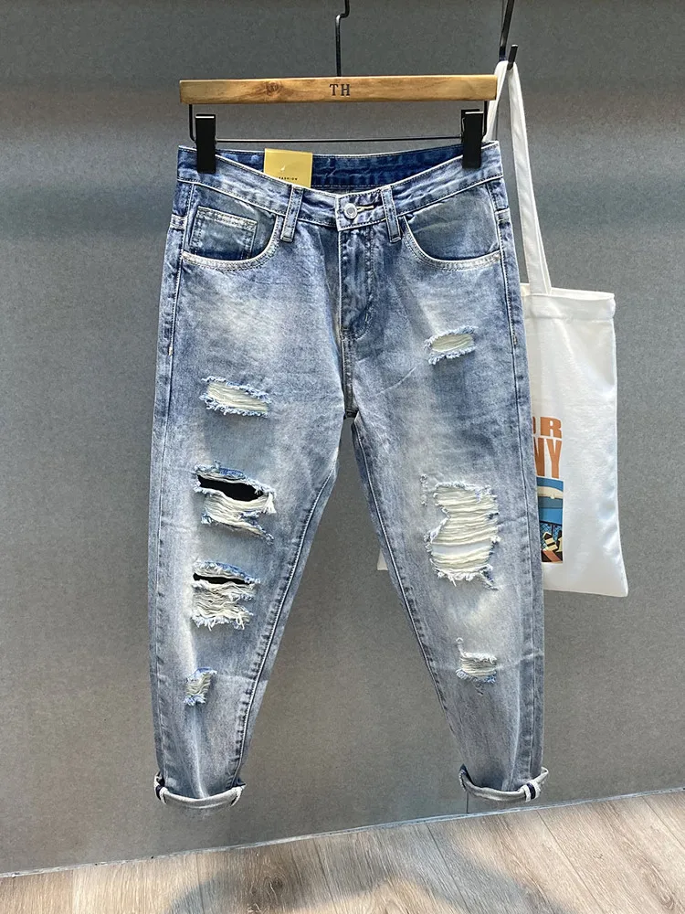 

American High Street Nine-Tenths Harlan Hole Denim Jeans Men's Spring New Versatile Trendy Loose Straight Leg Pants