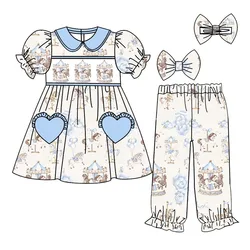 New high-quality children's set short-sleeved elastic rotating cartoon print love pocket trousers elastic girl boy set shorts