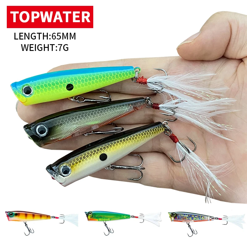 1PCS Mini Popper Top Water 65mm 7g Isca Artificial Bait with Feather Hooks for Bass Trout Pike Surface Fishing Tackle Wobblers