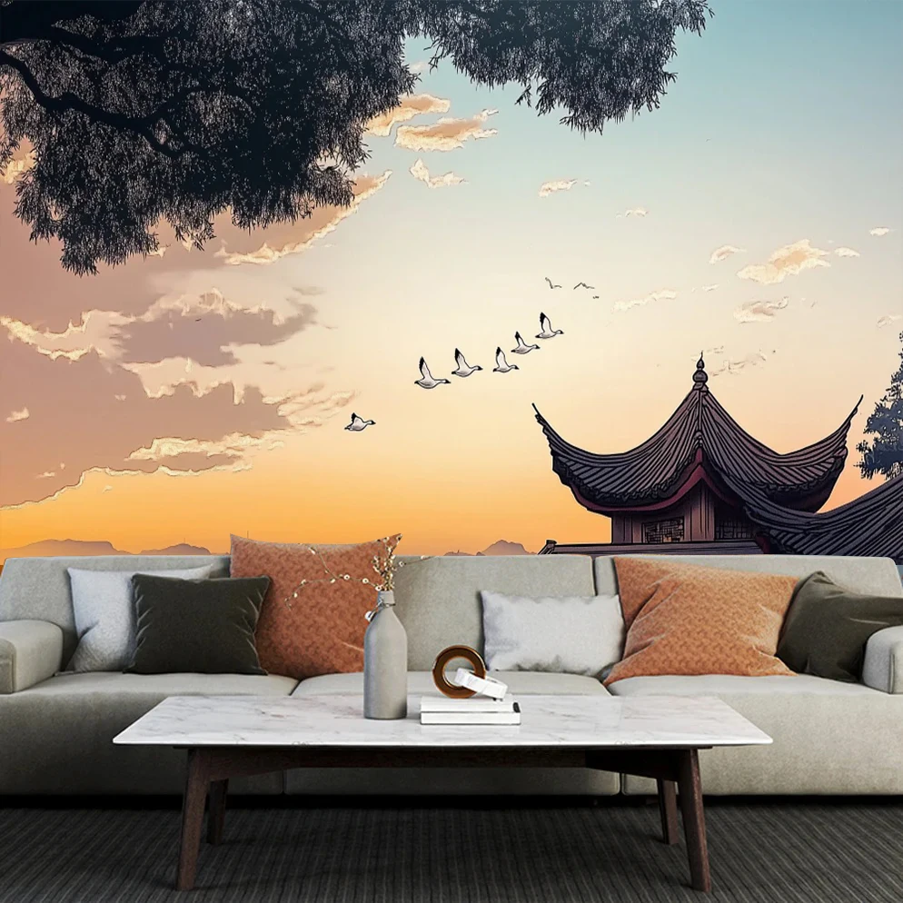 New Chinese Style Custom Wall Mural Vintage Sunset Sky Pattern Wallpaper Landscape Wall Art Covering Home Decor for Living Room