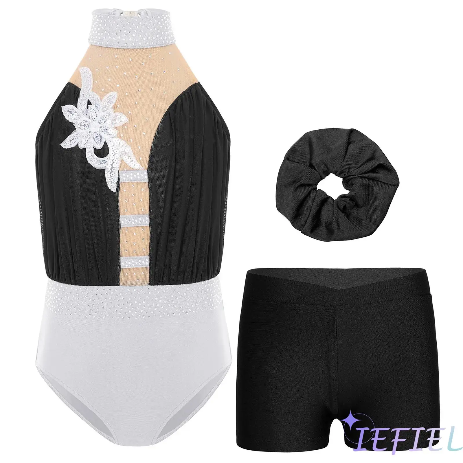 

Girls Figure Skating Gymnastics Dance Outfit Sleeveless Keyhole Back Mesh Patchwork Applique Rhinestones Leotard+Shorts+Hairband