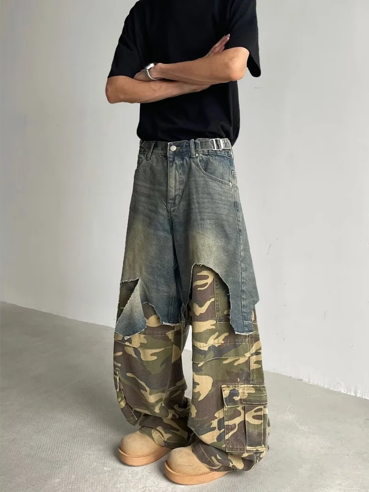Ropa Y2K Grunge Camouflage Patchwork Baggy Gestapelde Jeans Broek Voor Mannen Kleding Nieuwe Rock Wijde Pijpen Rechte Denim Broek