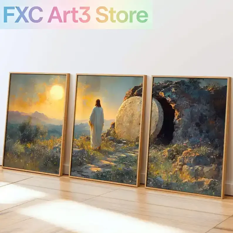 Lot de 3 tableaux vierges sans cadre, impression sur toile de Pâques avec Jésus, thème 'Il n'est plus là car il s'est révéré', affiches murales pour la maison