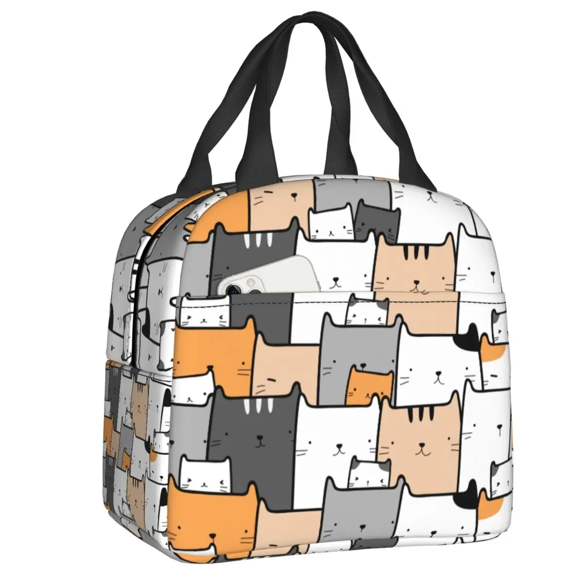 Custom Cartoon Cat Pattern Thermal Insulated Lunch Bag Women Kitten Lunch Container for Outdoor Camping Travel Storage Food Box