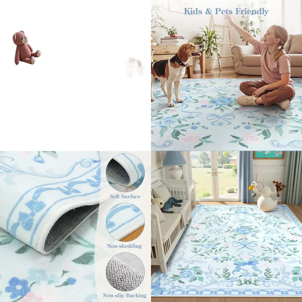 

Girls' 5x7 Washable Bow Area Rug - Cute Blue Thin Non-Slip Indoor Carpet for Living Room, Nursery, Kids' Room, and Playroom