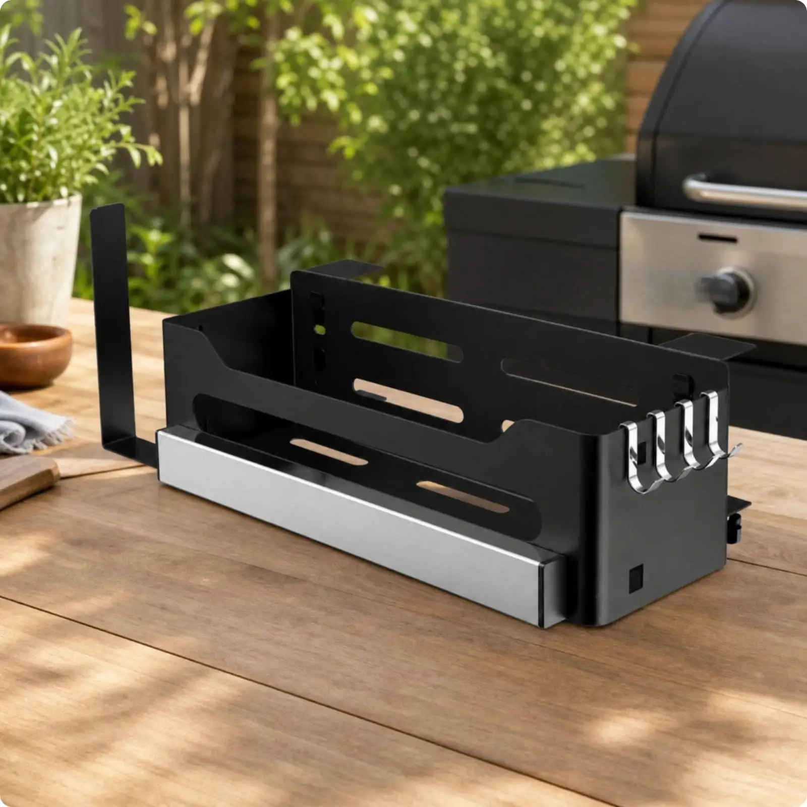 Space Saving BBQ Accessory Rack for Condiments and Cooking Tools with Removable Utensil Strip for Grill Setup