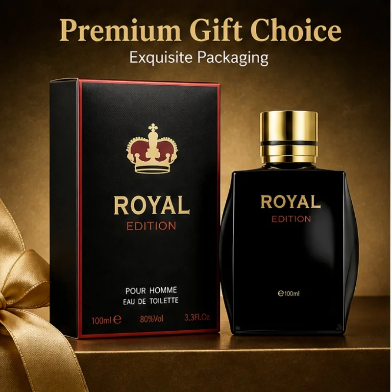 Best-selling men's perfume Royal Edition 100ml - Fresh woody fragrance. Dark brown bottle with golden cap. Suitable for daily wear or office use. Ideal gift for him.