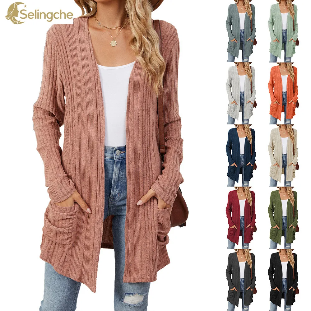 

Women's Sweater Cardigan 2024 Autumn and Winter New Item Solid Color Pit Stripe Frosted Pocket Cardigan Long Sleeved Jacket For