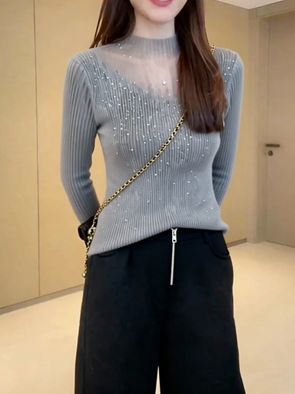

plus Size Splice Knitted Top Women's Spring New Sle Slimming Inner Wear Base irt Regular Sve Long Sve round Ne