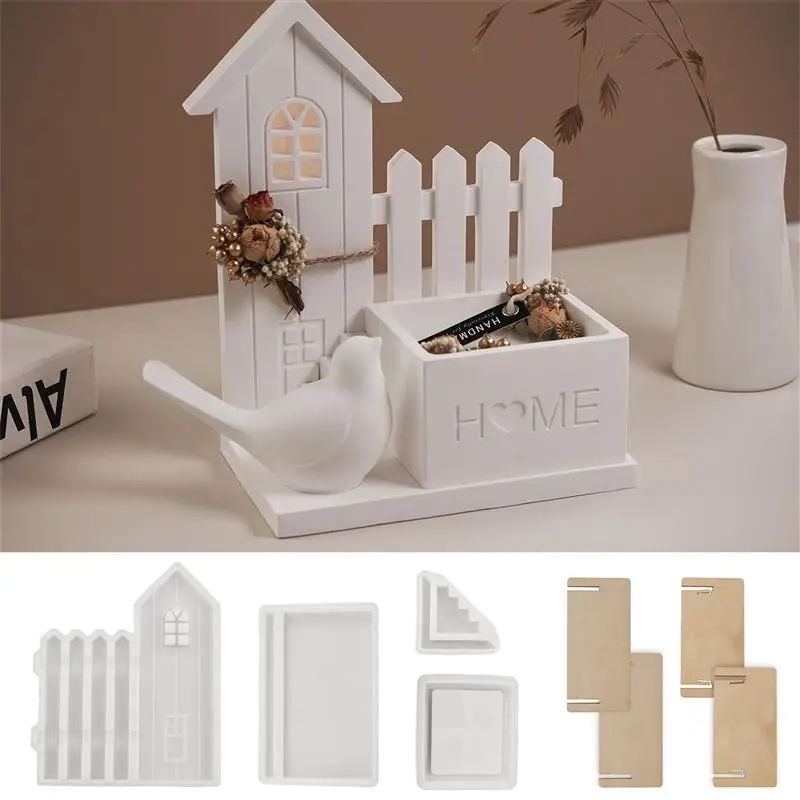 House Fence Ornament Silicone Mold DIY Gypsum Cement Potted Plant Flower Decoration Table Epoxy Resin Mold Handicrafts Storage