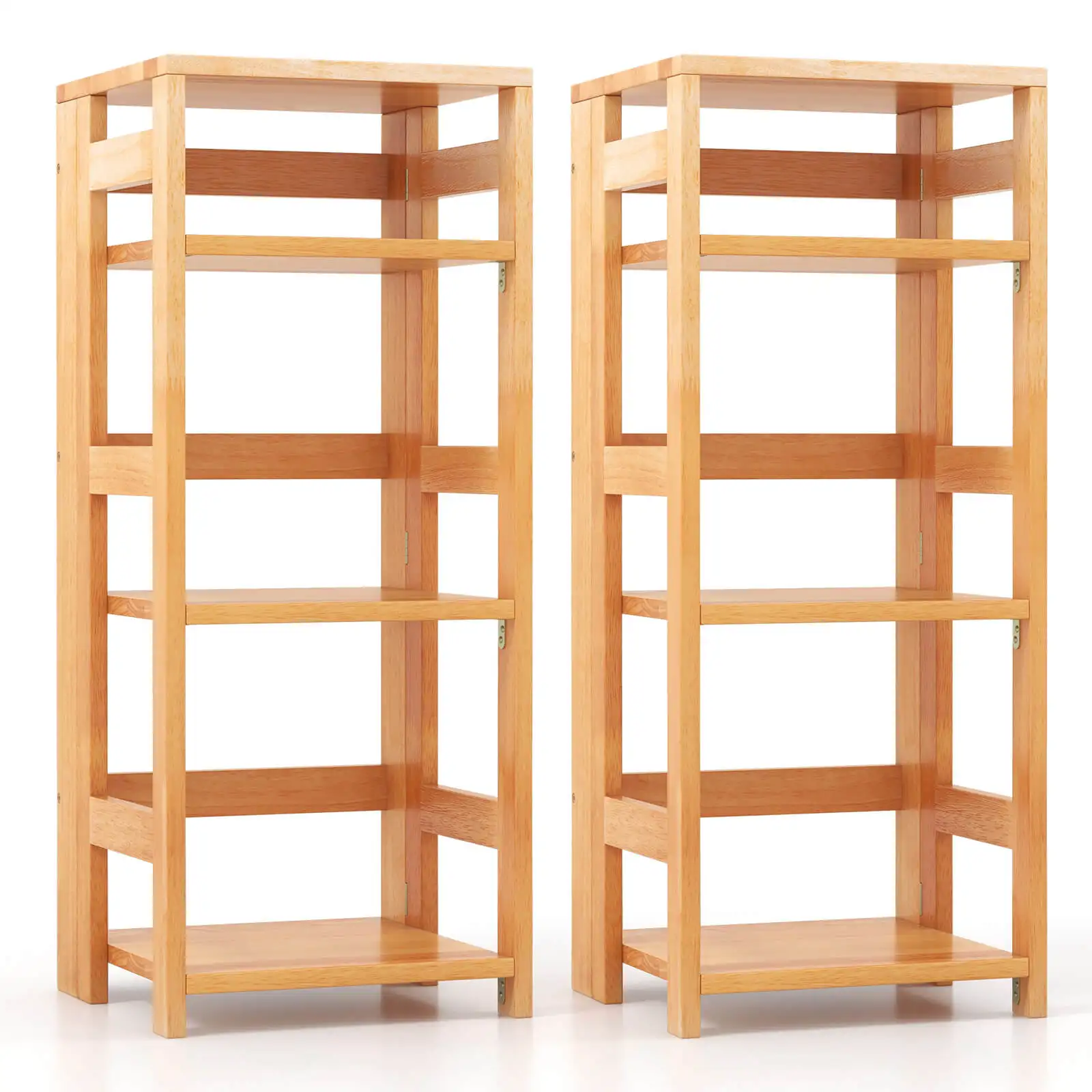 2PCS 4-Tier Bookshelf Floor Storage Shelf w/Rubber Wood Frame Anti-Toppling Kits