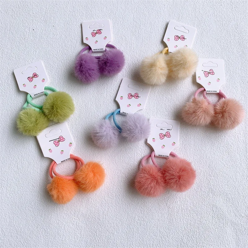 2pcs/set Kawaii Pompom Hair Tie For Girls Kid Elastic Plush Hair Rubber bands Baby Pink Ball Hair Rope child hairbands Cute Gift